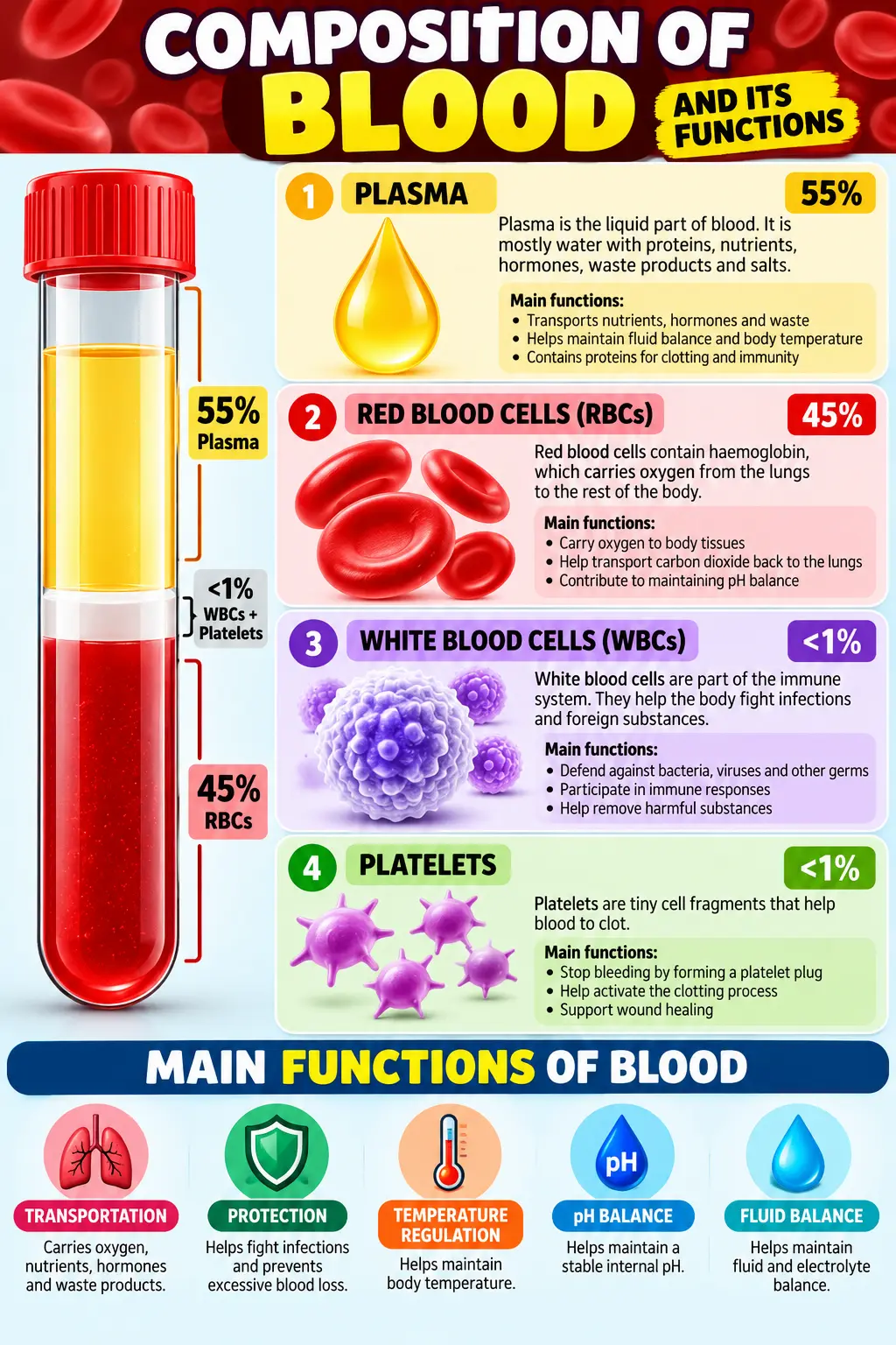 Blood composition diagram showing plasma, red blood cells, white blood cells, platelets, and their main functions.