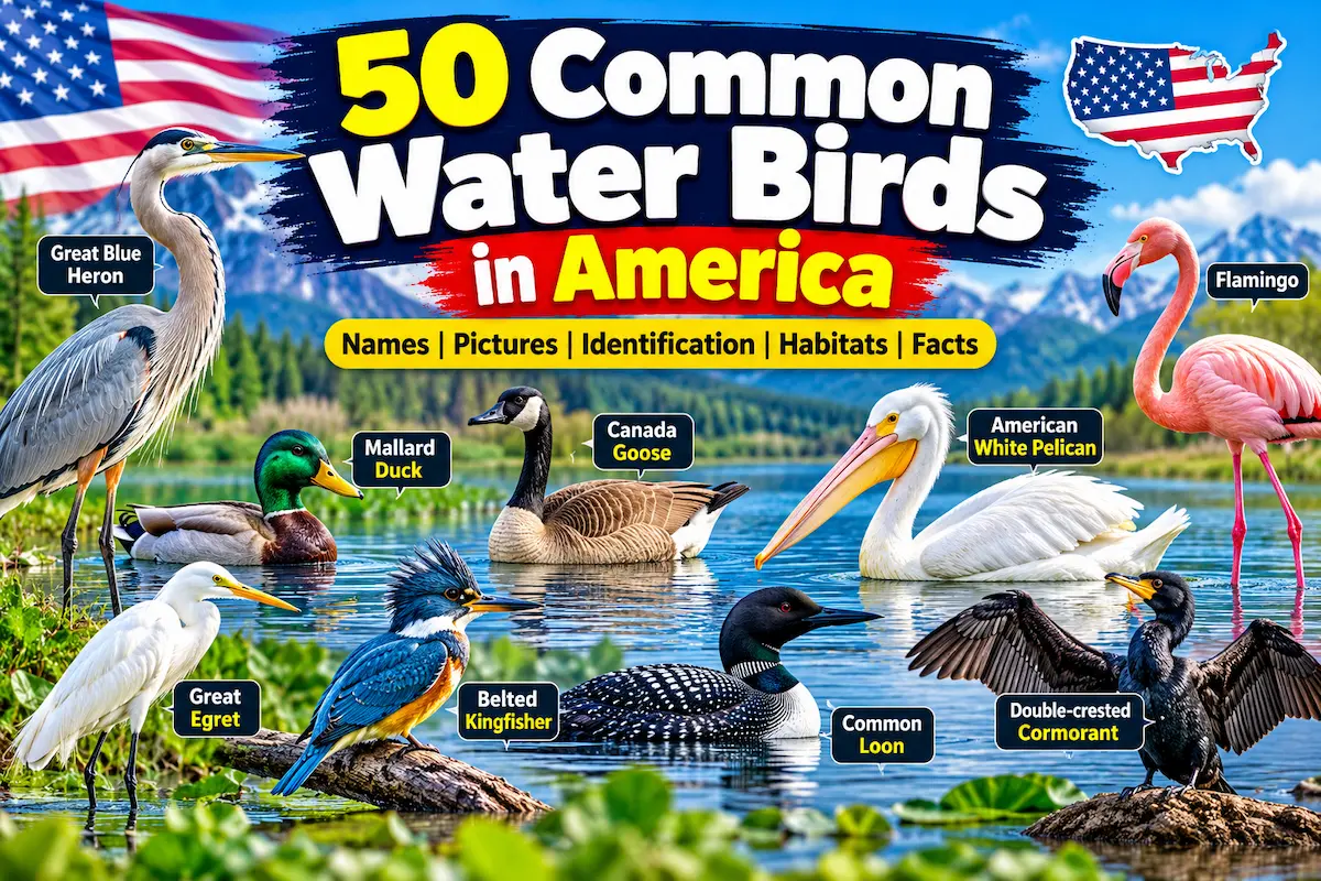 50 common water birds in America, including Great Blue Heron, Mallard Duck, Canada Goose, American White Pelican and Belted Kingfisher Image Title: