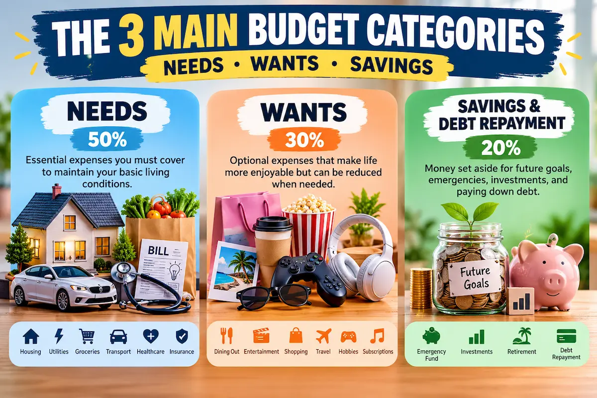 Three main budget categories: needs, wants, and savings and debt repayment, using the 50/30/20 budgeting rule.