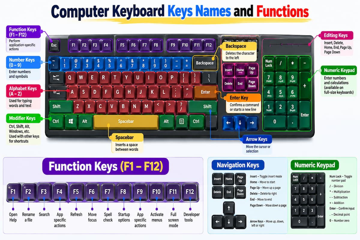 Labeled computer keyboard diagram showing alphabet keys, number keys, function keys F1–F12, modifier keys, navigation keys, editing keys, arrow keys, and numeric keypad with their functions.