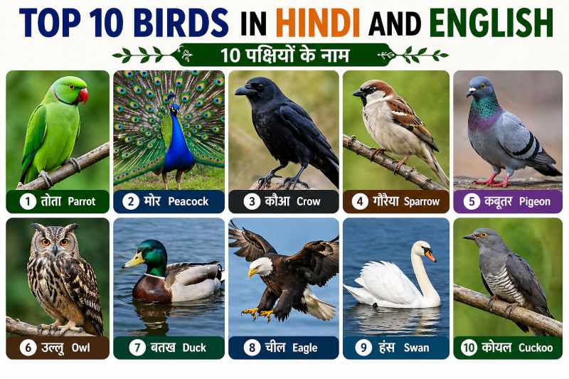 10 birds name with images Hindi English