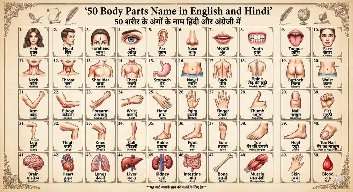 chart of 50 body parts name in english and hindi