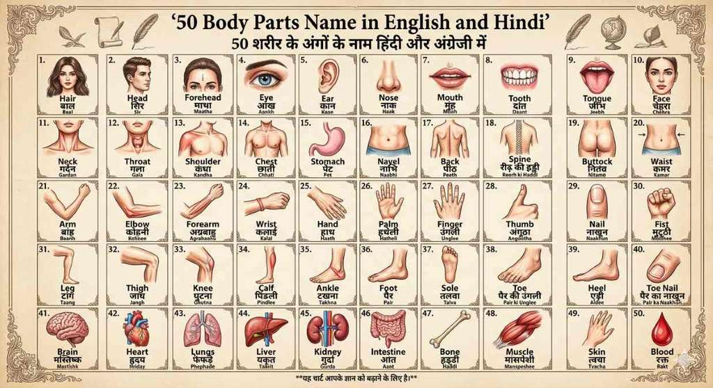 🧠 100+ Body Parts Name in Hindi and English (शरीर के अंगों के नाम) with ...