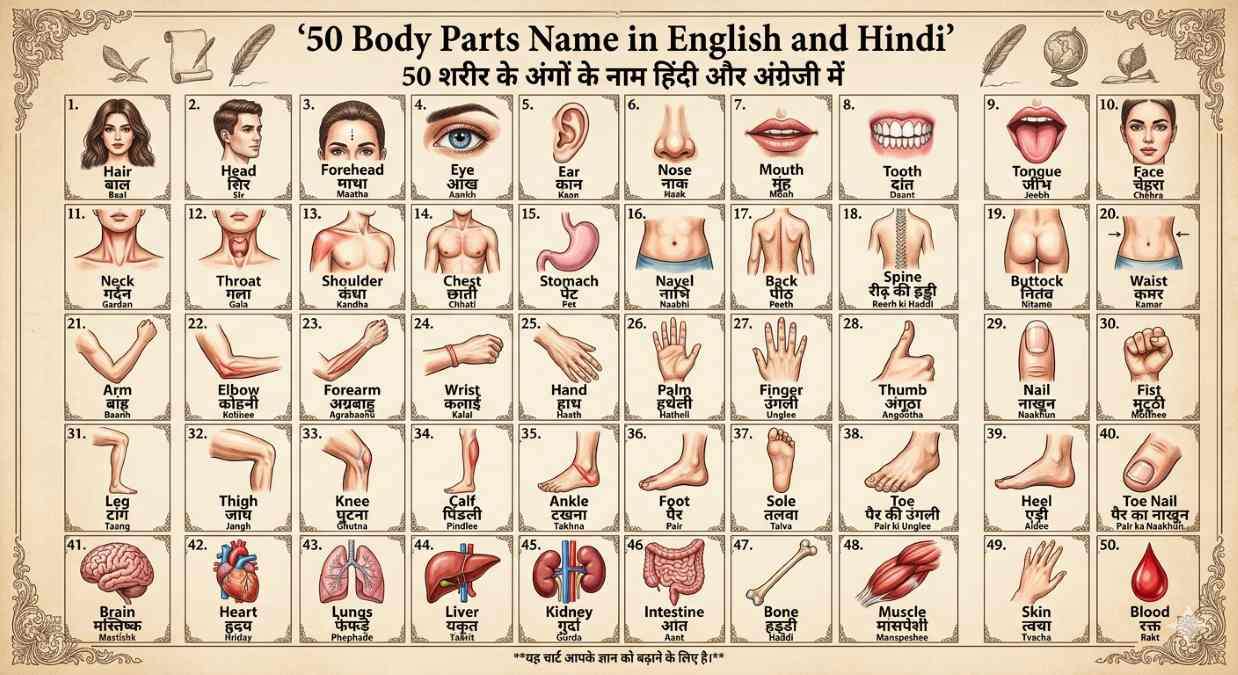 🧠100 Body Parts Name in English and Hindi with Meanings | Human Body ...